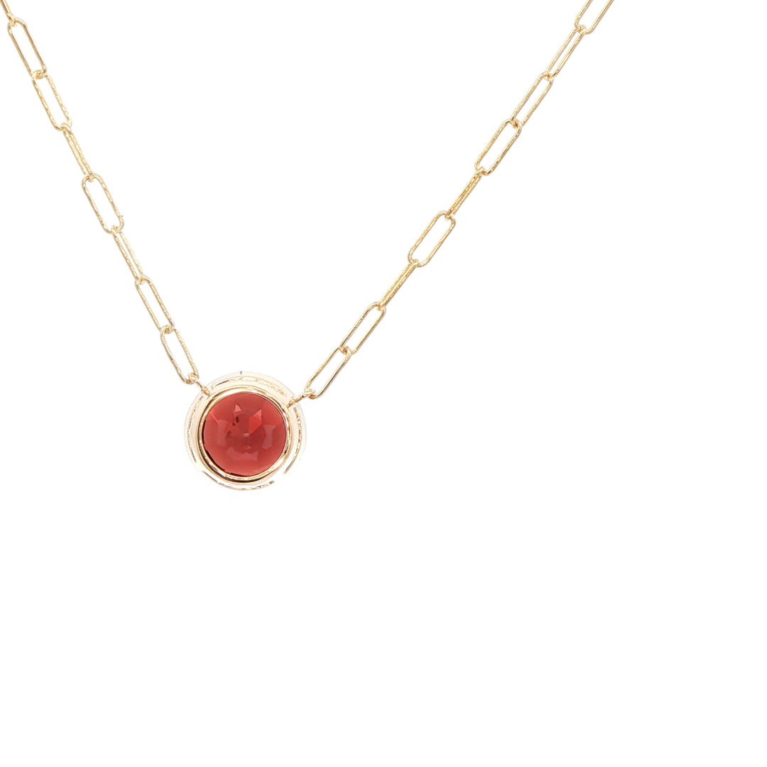 14K Yellow Gold Bezel Pendant with 1 Round Garnet, 1.60 ct on a 16 inch Paperclip Chain