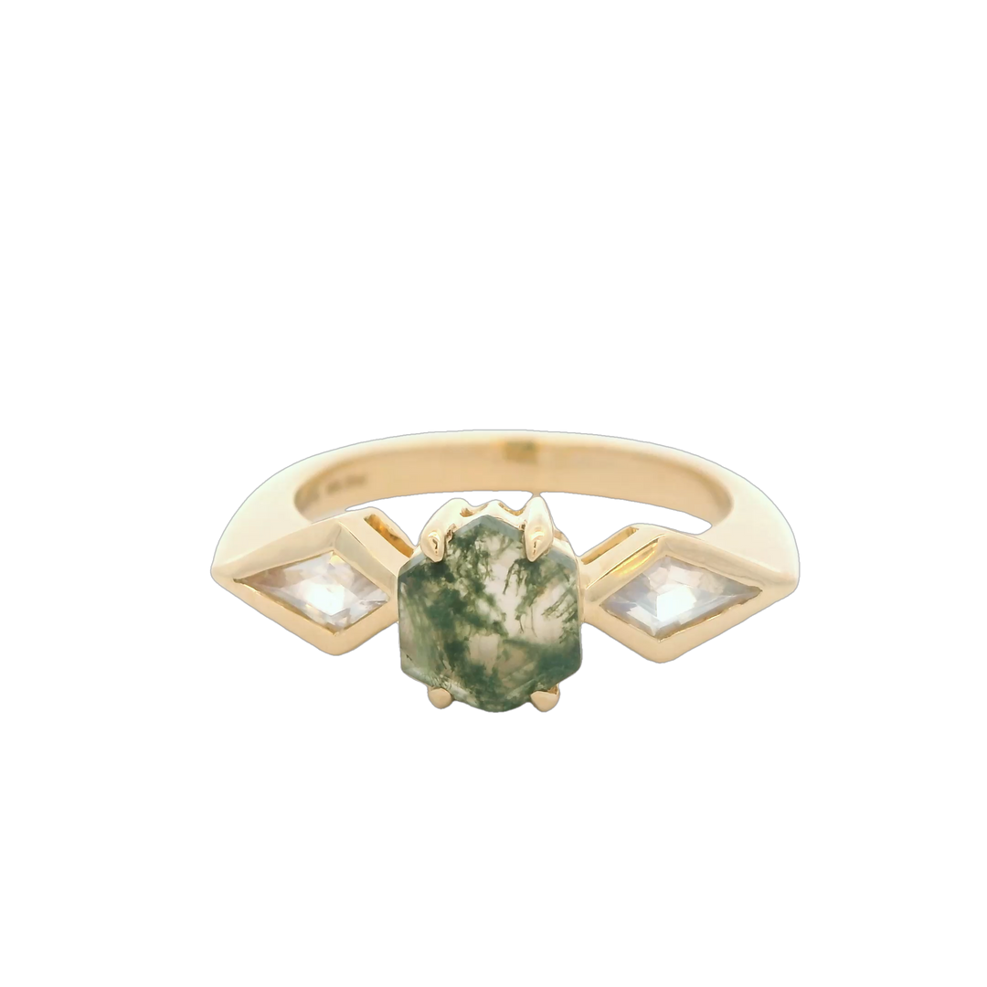 14K Yellow Gold Side Stone Gemstone Ring set with 1 Moss Agate, 0.87 ctw., and 2 kite shaped Moonstones, 0.32 ctw.,  total stone weight measures 1.19 ctw..