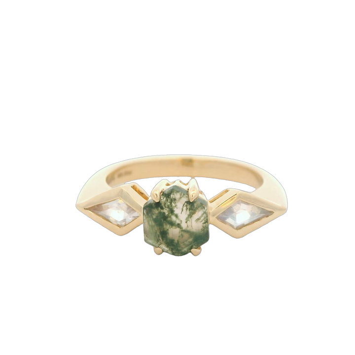 14K Yellow Gold Side Stone Gemstone Ring set with 1 Moss Agate, 0.87 ctw., and 2 kite shaped Moonstones, 0.32 ctw.,  total stone weight measures 1.19 ctw..