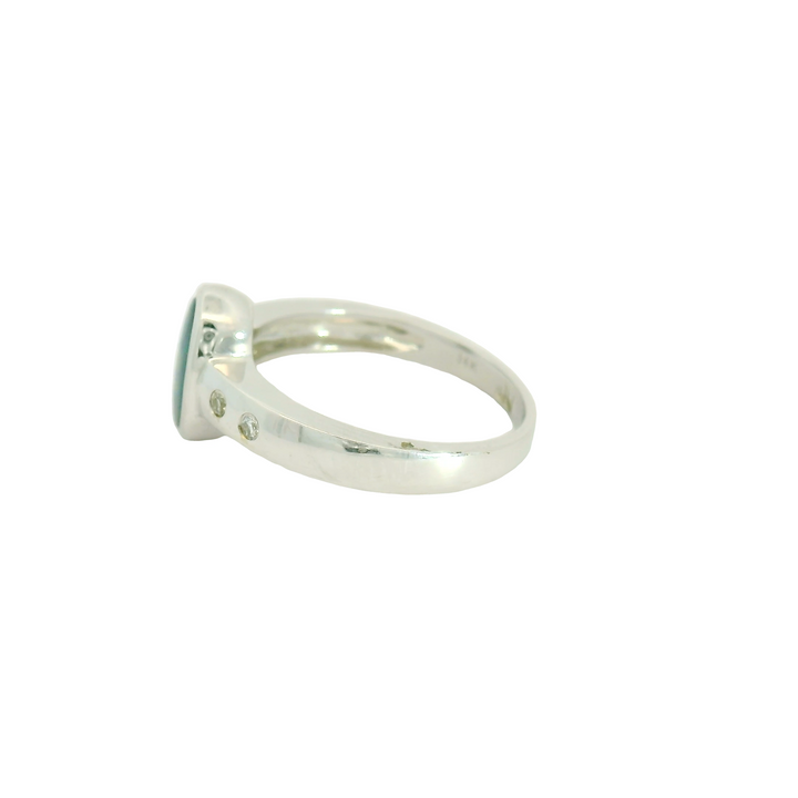 14K White Gold Accented Gemstone Ring set with 1 Opal 0.83 ctw and  4 G/H SI1 Diamonds total stone weight measures 0.89 ctw.