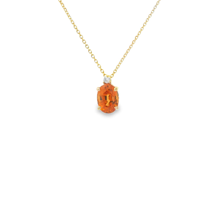 Estate 14K Yellow Gold Drop Gemstone Pendant with 1 Oval Spessartite Garnet, 1.00 ct (estimated) and 1 Round Diamond, 0.03ct on a 18 inch Cable Chain