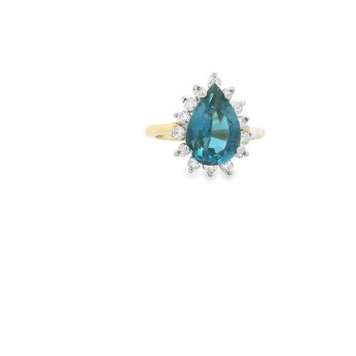 Estate 14K Two Tone Halo Gemstone Ring set with 1 Pear Blue Topaz, 3.29 ct and 14 Round Diamonds, 0.35 ctw