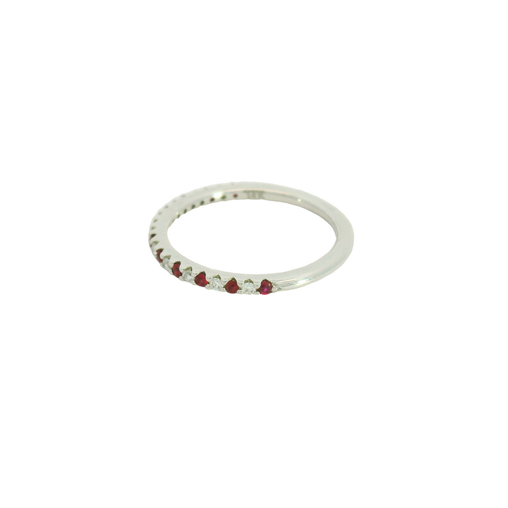 14K White Gold Band Gemstone Ring set with 11 Rubies, 0.20 ctw., and 10 G/H SI Diamonds, 0.12 ctw. total stone weight measures 0.32 ctw.