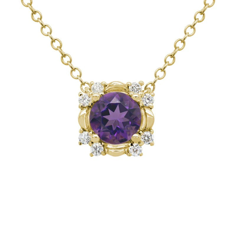14K Yellow Gold Pendant with 1 Round Amethyst, 0.32 ct and 8 Round Diamonds, 0.08 ctw on a 16-18 Cable Chain