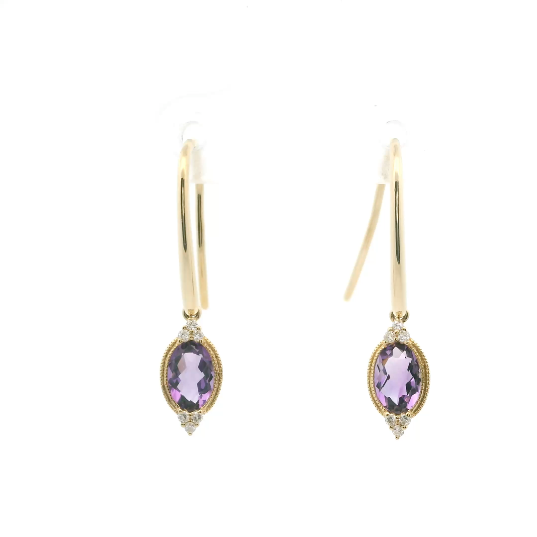 14K Yellow Gold Dangle Earrings set with 2 Oval Amethysts, 0.74 ctw and 12 Round Diamonds, 0.06 ctw