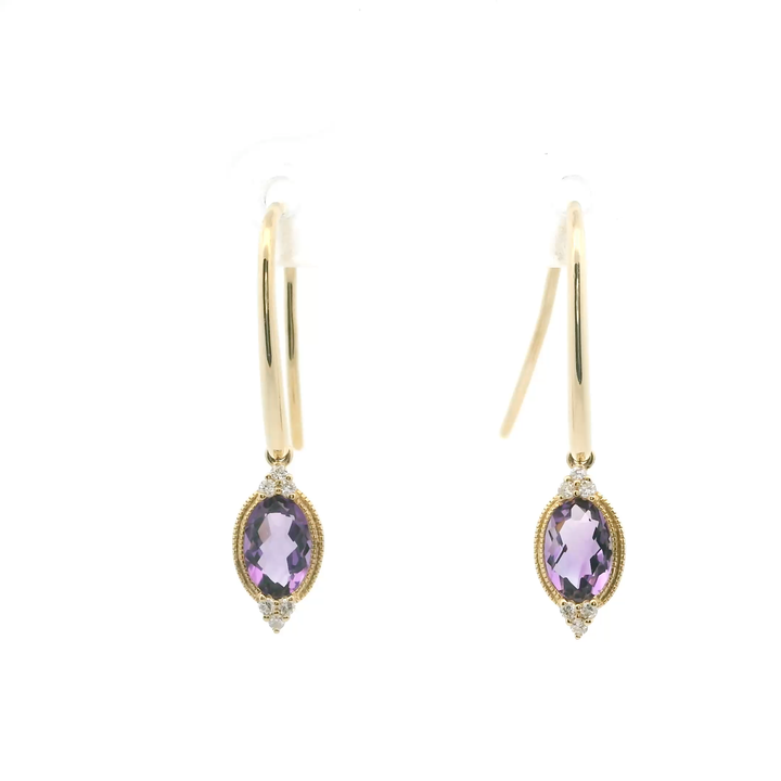 14K Yellow Gold Dangle Earrings set with 2 Oval Amethysts, 0.74 ctw and 12 Round Diamonds, 0.06 ctw