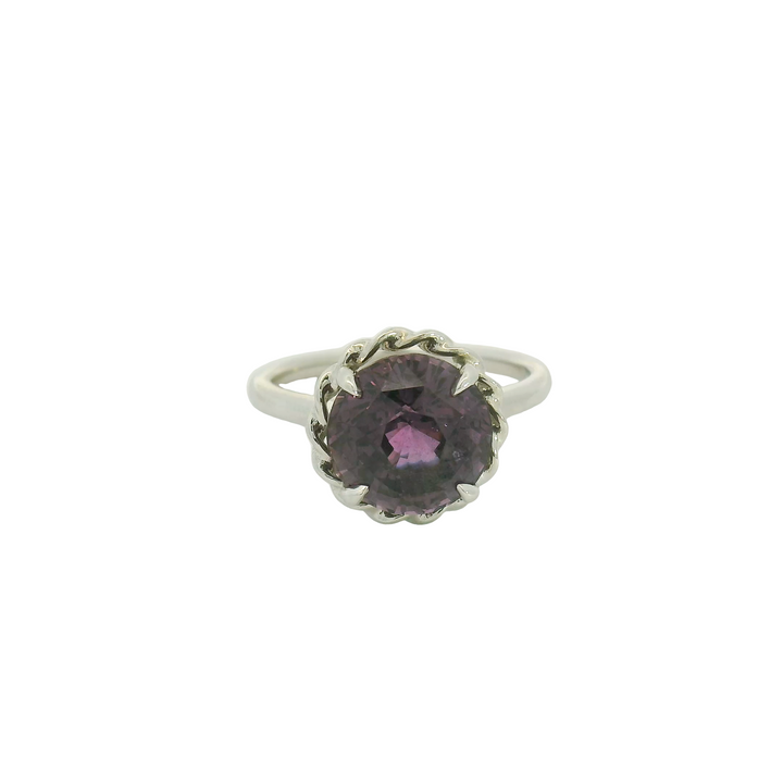 Marthaler Made Platinum White Gold Solitaire Gemstone Ring set with 1 Purple Sapphire total stone weight measures 5.14 ctw.