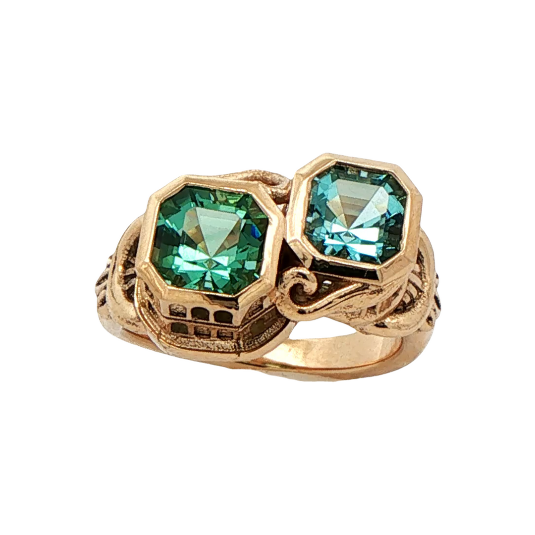 Marthaler Made 14K Yellow Gold Colosseum and Parthenon Inspired Ring with 1 Asscher Cut Roman Glass, 1.24 ct and 1 Asscher Cut Roman Glass, 1.15 ct