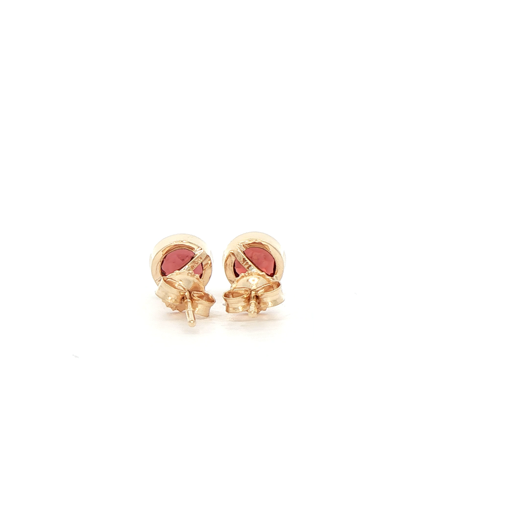 14K Yellow Gold Bezel Stud Earrings set with 2 Round Garnets, 1.20 ctw