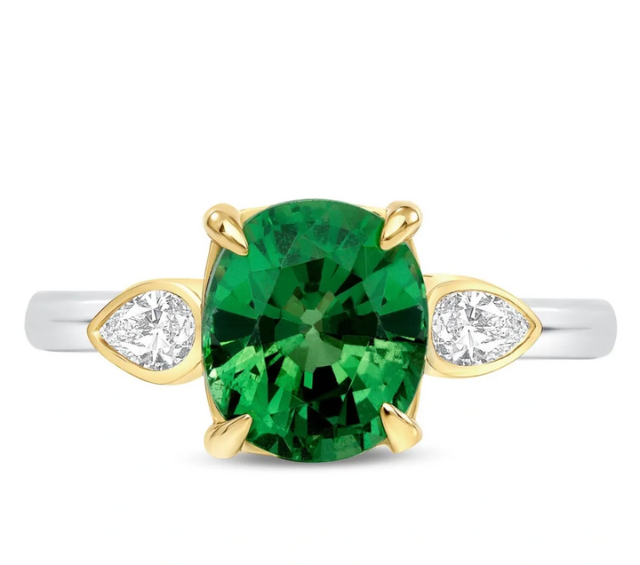 18K Yellow and White Gold Three Stone Ring with 1 Cushion Tsavorite (Untreated, GIA 2221539118), 2.64 ct and 2 Pear Diamonds, 0.22 ctw