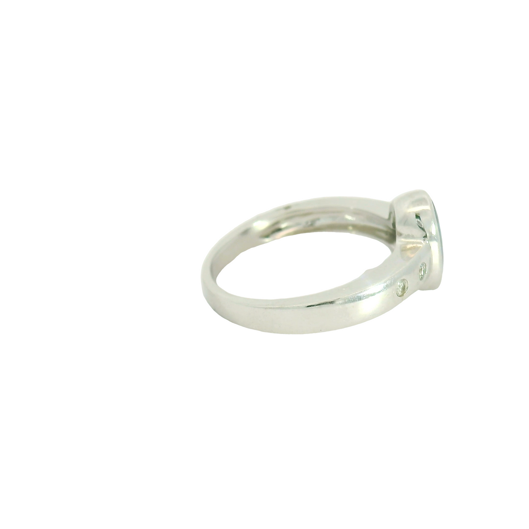 14K White Gold Accented Gemstone Ring set with 1 Opal 0.83 ctw and  4 G/H SI1 Diamonds total stone weight measures 0.89 ctw.