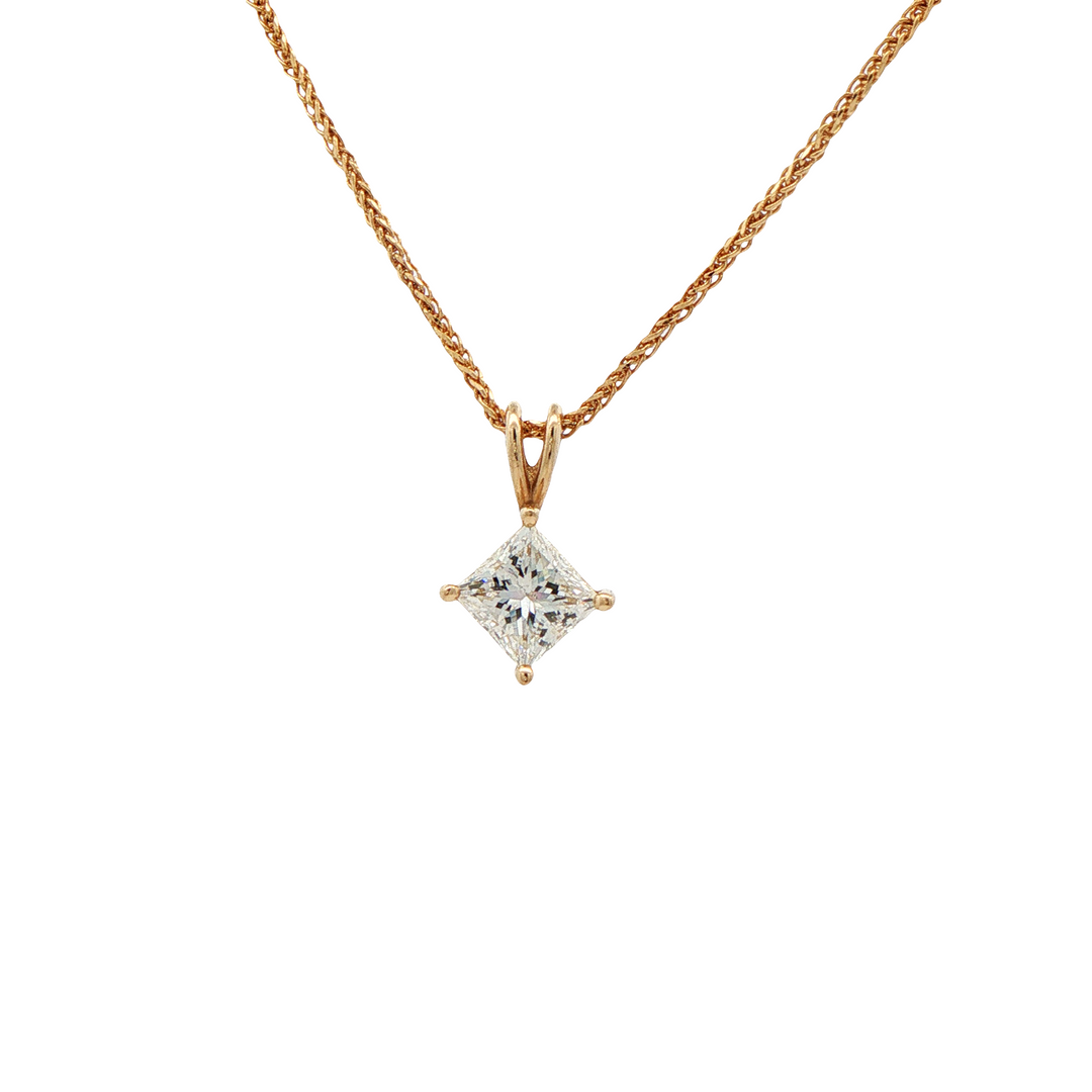 14K Yellow Gold Solitaire Diamond Pendant with 1 Princess Diamond, 0.75 ct on a Wheat Chain, 18 inches