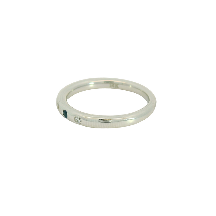 14K White Gold Band Gemstone Ring set with 3 Sapphires, 0.09 ctw., and 4 Round G/H SI Diamonds, 0.08ctw.   total stone weight measures 0.17 ctw.