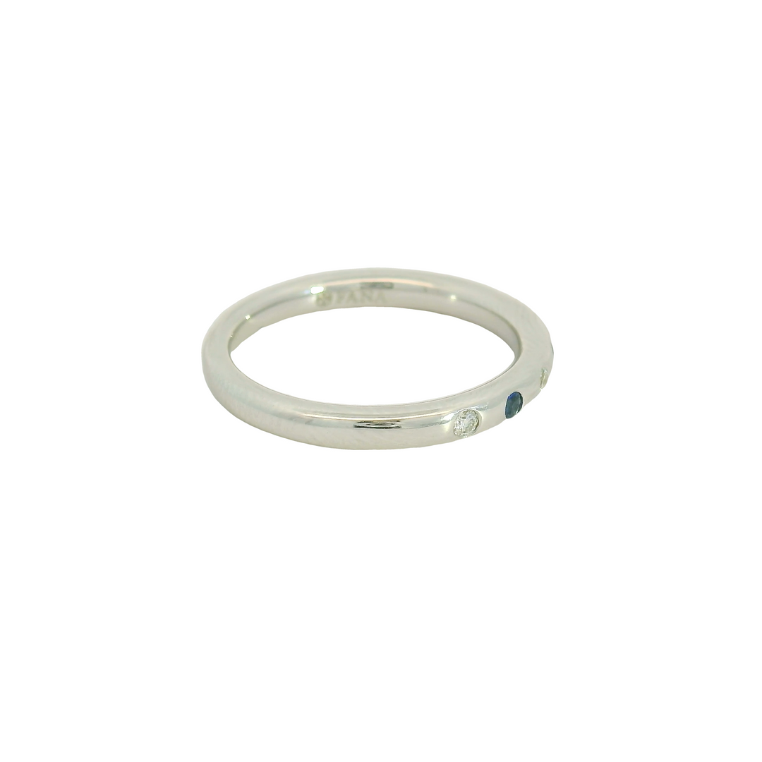 14K White Gold Band Gemstone Ring set with 3 Sapphires, 0.09 ctw., and 4 Round G/H SI Diamonds, 0.08ctw.   total stone weight measures 0.17 ctw.