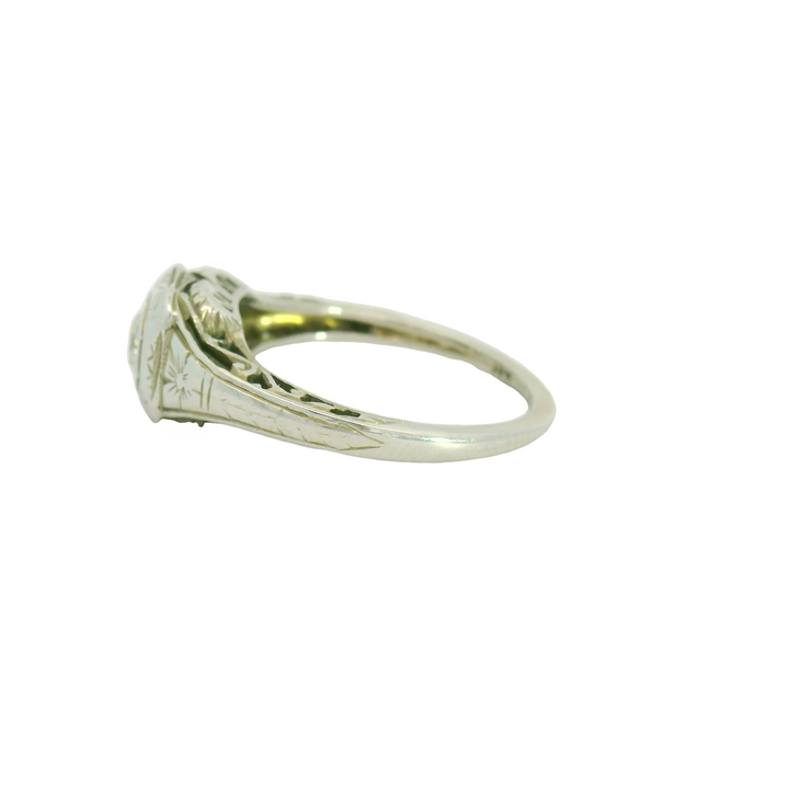 18K White Gold Estate Solitaire Engagement Rings set with 1 H VS1 0.42 Ct. Old European Cut Diamond center stone, Total diamond weight for ring measures 0.42 ctw.