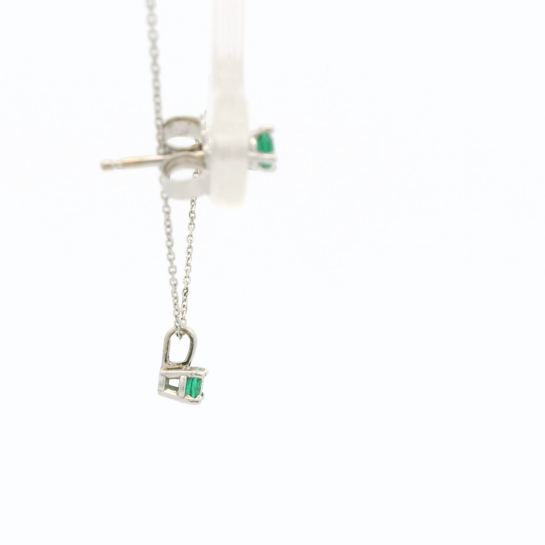Marthaler Made Solitaire Stud Earrings in 14K White Gold with 2 Round Emeralds, 0.18 ctw and Solitaire Pendant in 14K White Gold with 1 Round Emerald, 0.09 ct on a 18 inch Cable Chain