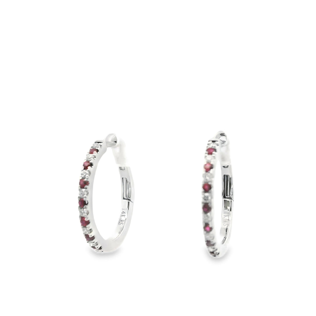 14K White Gold Hoop Earrings set with 14 Round Rubies, 0.15 ctw and 14 Round Diamonds, 0.11 ctw