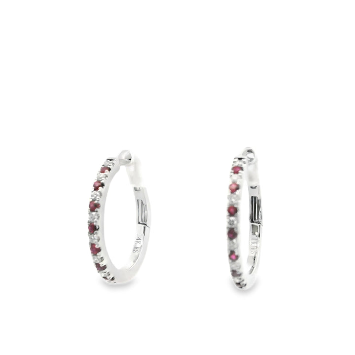 14K White Gold Hoop Earrings set with 14 Round Rubies, 0.15 ctw and 14 Round Diamonds, 0.11 ctw