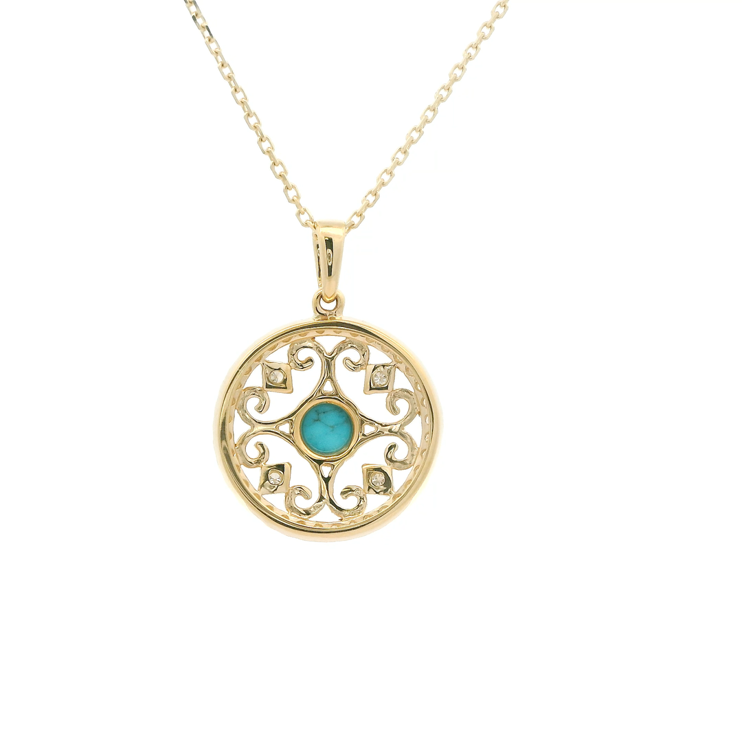 14K Yellow Gold Drop Gemstone Pendant with 1 Round Turquoise, 0.37 ct and 40 Round Diamonds, 0.30 ctw on a 16-18 inch 14K Yellow Cable chain