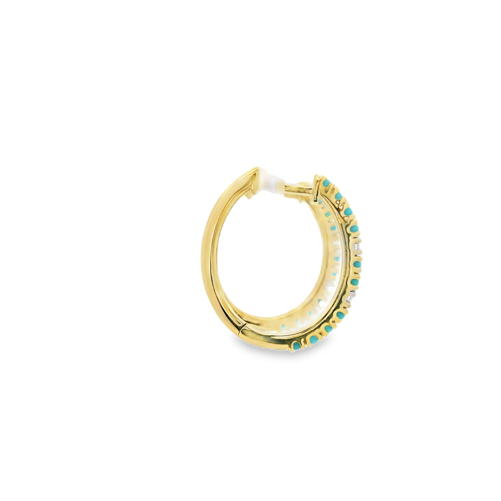 14K Yellow Gold Oval Hoop Earrings set with 20 Round Turquoises, 0.42 ctw and 4 Round Diamonds, 0.06 ctw