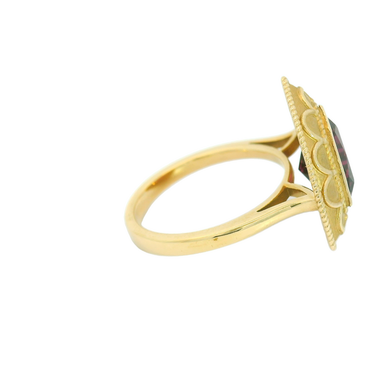 Marthaler Made 14K Yellow Gold Solitaire Gemstone Ring set with 1 Rhodolite Garnet total stone weight measures 4.04 ctw.