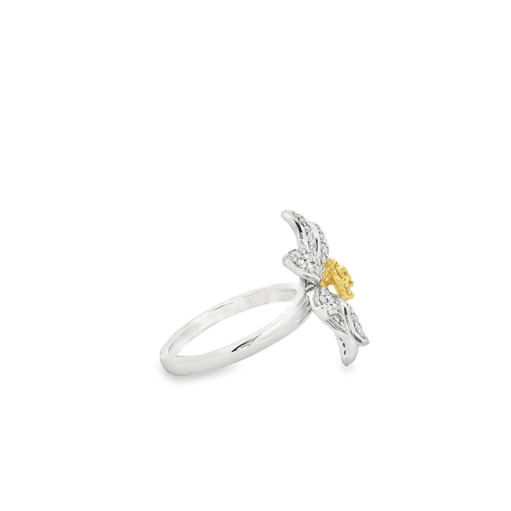 18K Two Tone Flower Diamond Fashion Ring set with 7 Round Fancy Intense Yellow Diamonds, 0.18 ctw and 119 Round Diamonds, 0.66 ctw