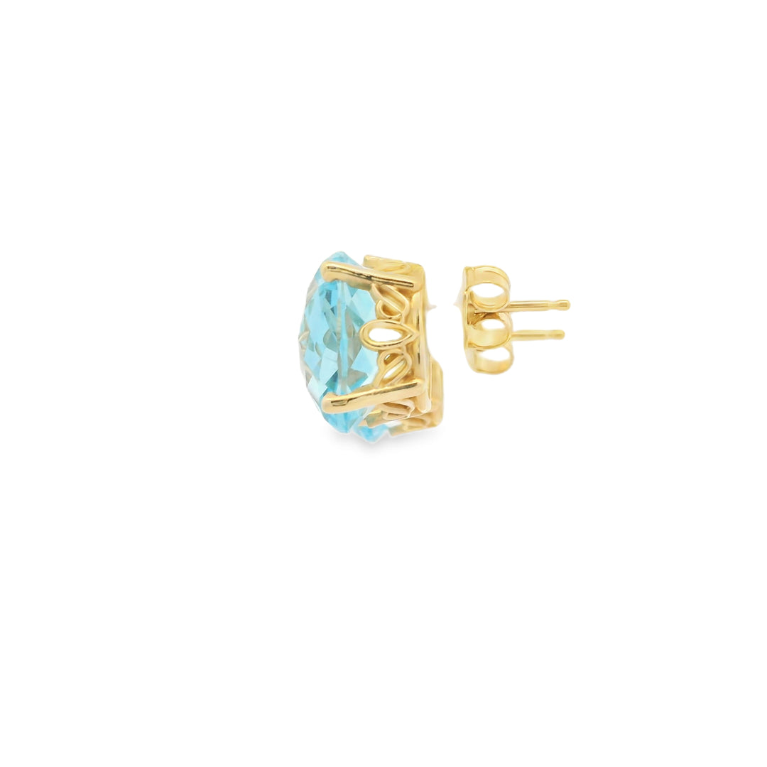 Estate 14K Yellow Gold Stud Earrings set with 2 Checkerboard Oval Blue Topaz, 12.00 ctw (estimated)