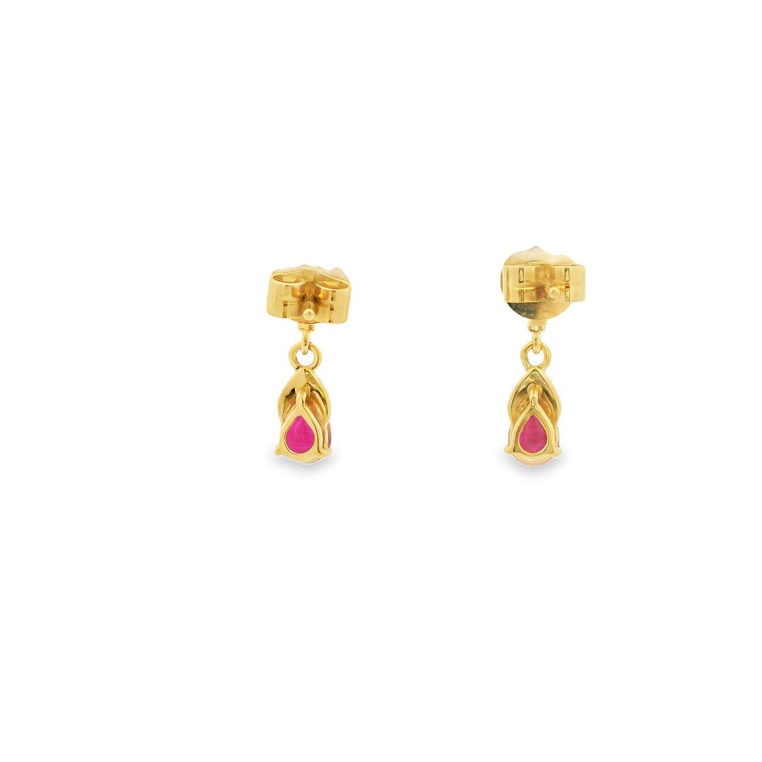 18K Yellow Gold Drop Earrings set with 2 Pear Rubies, 1.05 ctw and 20 Round Diamonds, 0.10 ctw