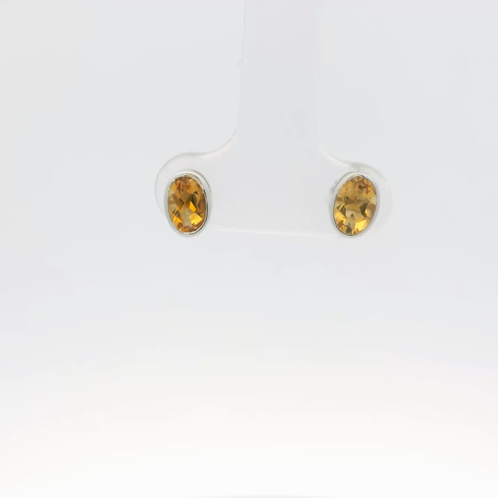 14K White Gold Bezel Stud Earrings set with 2 Oval Citrines, 0.90 ctw
