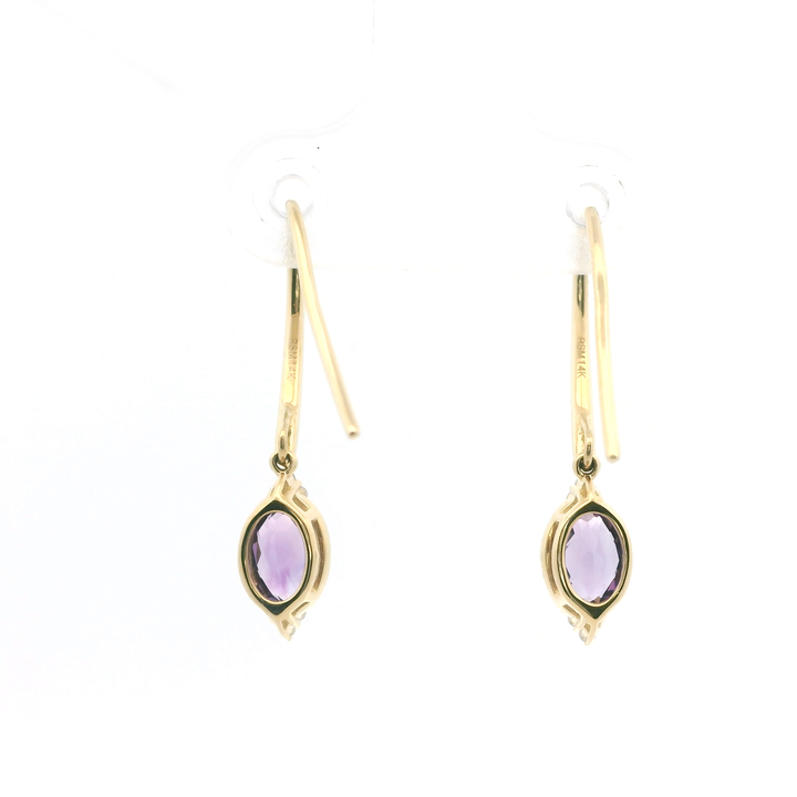 14K Yellow Gold Dangle Earrings set with 2 Oval Amethysts, 0.74 ctw and 12 Round Diamonds, 0.06 ctw