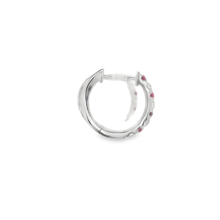 14K White Gold Huggie Earrings set with 8 Round Rubies, 0.33 ctw. and 8 G/H SI1-SI2 Diamonds 0.14 ctw.