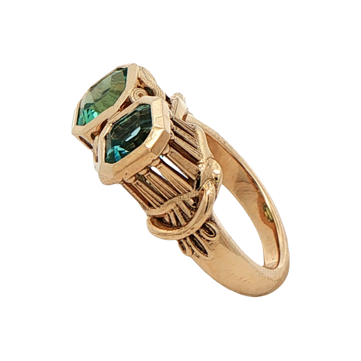 Marthaler Made 14K Yellow Gold Colosseum and Parthenon Inspired Ring with 1 Asscher Cut Roman Glass, 1.24 ct and 1 Asscher Cut Roman Glass, 1.15 ct