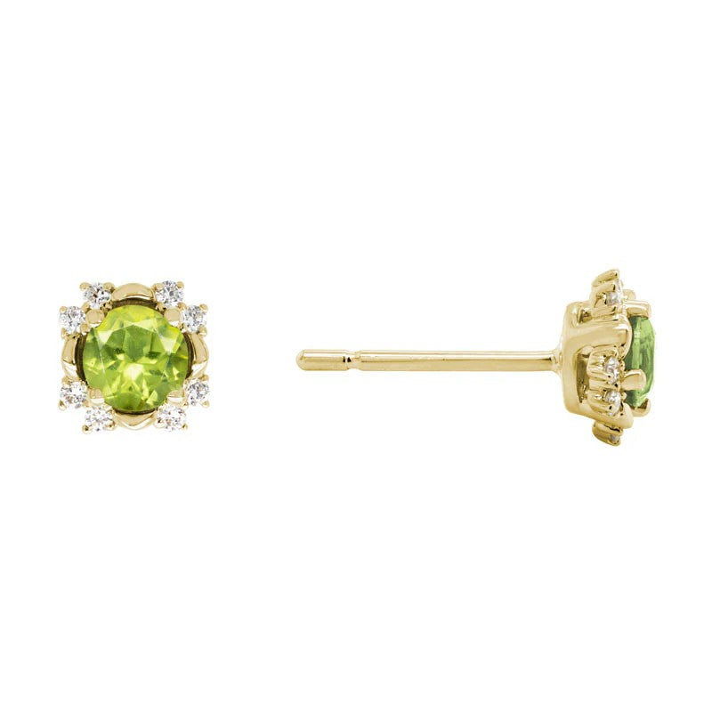 14K Yellow Gold Stud Earrings set with 2 Round Peridot, 0.60 ctw and 16 Round Diamonds, 0.11 ctw