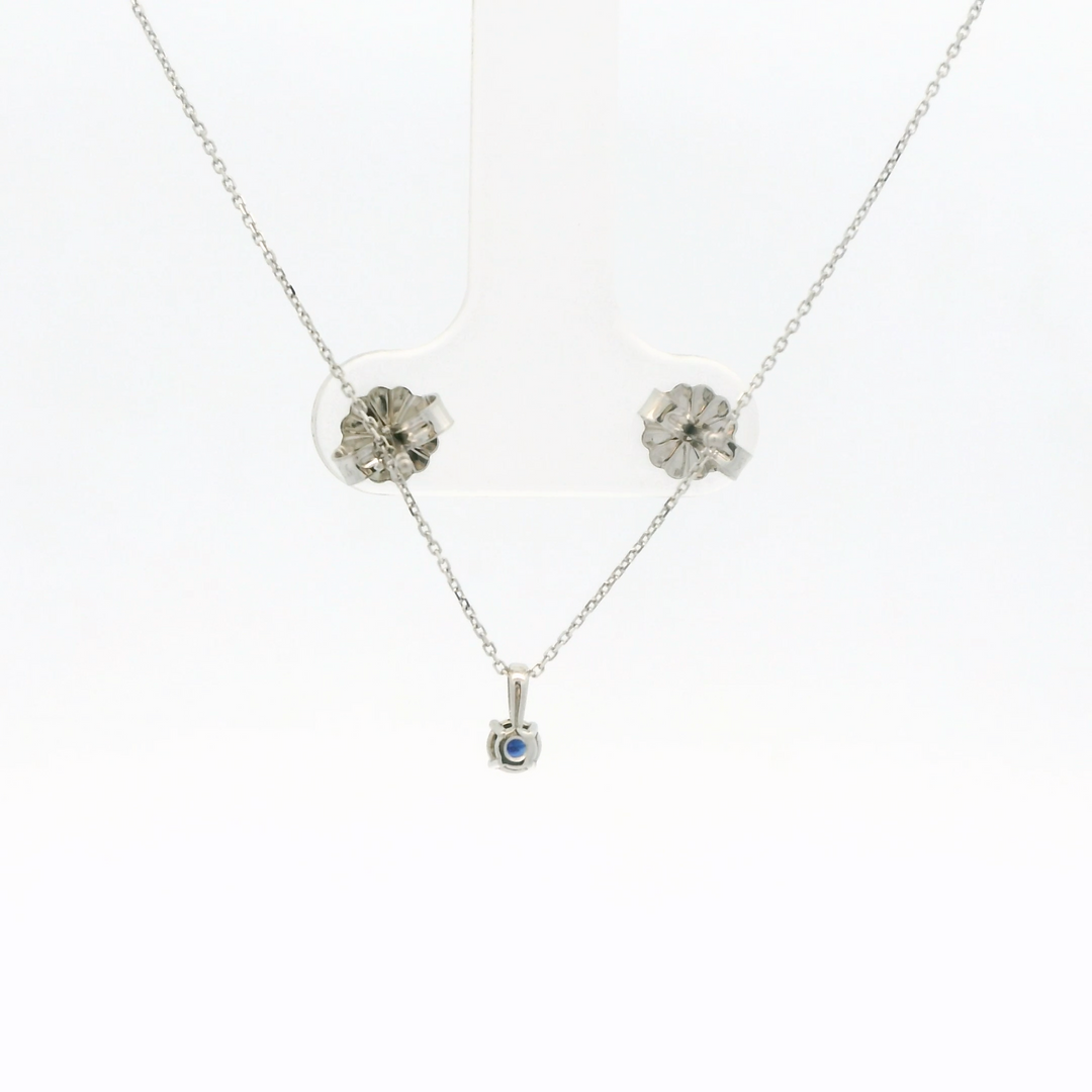 Marthaler Made Solitaire Stud Earrings in 14K White Gold with 2 Round Sapphires, 0.24 ctw and Solitaire Pendant in 14K White Gold with 1 Round Sapphire, 0.12 ct on a 18 inch Cable Chain