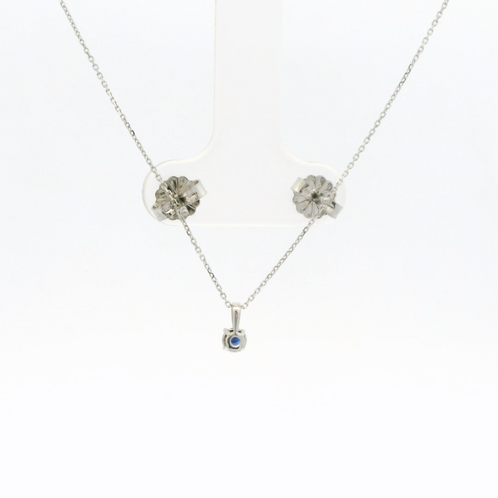Marthaler Made Solitaire Stud Earrings in 14K White Gold with 2 Round Sapphires, 0.24 ctw and Solitaire Pendant in 14K White Gold with 1 Round Sapphire, 0.12 ct on a 18 inch Cable Chain