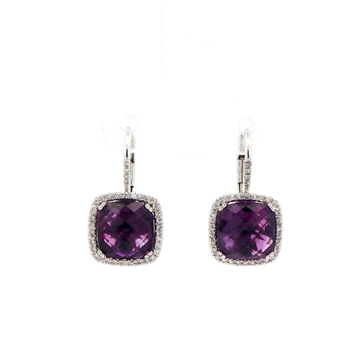 14K White Gold Dangle Earrings set with 2 Cushion cut Amethysts, ctw.