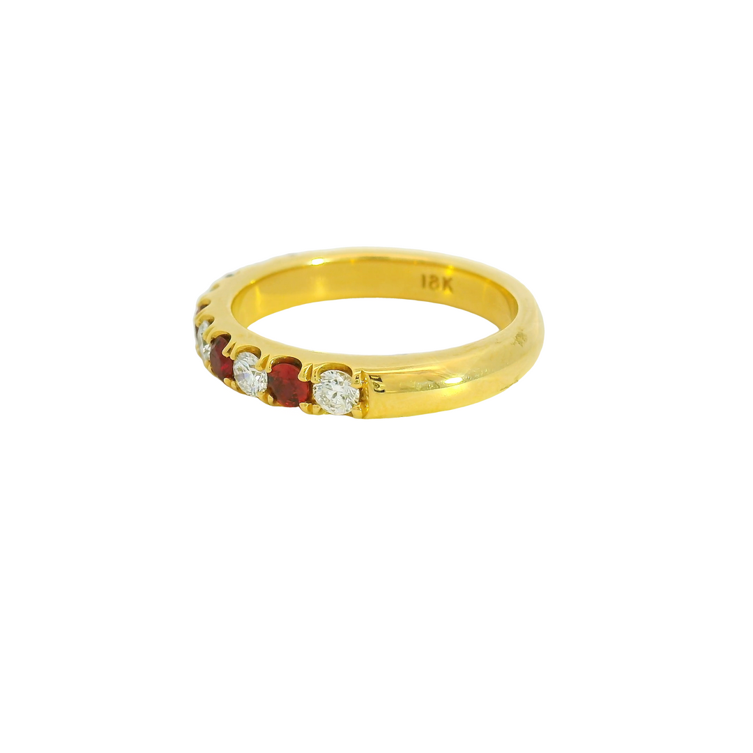 18K Yellow Gold Band Gemstone Ring set with 5 Rubies 0.35 ctw., and 5 G/H SI Diamonds 0.42 ctw,  total stone weight measures 0.77 ctw..