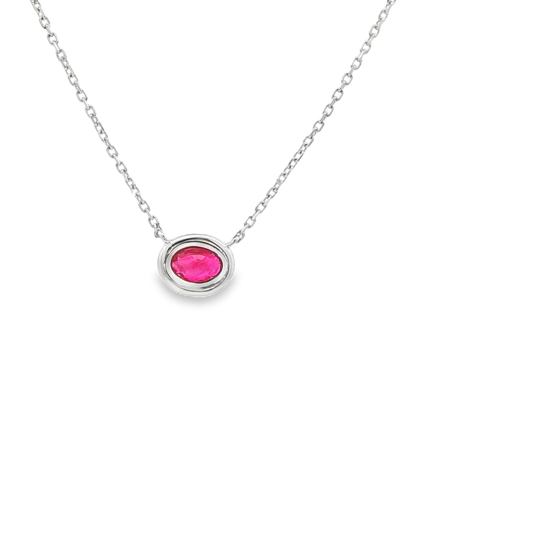 14K White Gold Halo Pendant with 1 Oval Ruby, 0.44 ct and 12 Round Diamonds, 0.14 ctw on a 16 inch Cable Chain