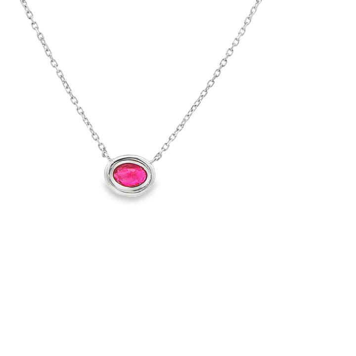 14K White Gold Halo Pendant with 1 Oval Ruby, 0.44 ct and 12 Round Diamonds, 0.14 ctw on a 16 inch Cable Chain