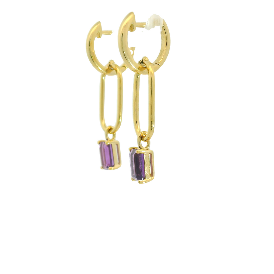 14K Yellow Gold Drop Earrings set with 2 Emerald Cut Amethysts, 1.16 ctw.