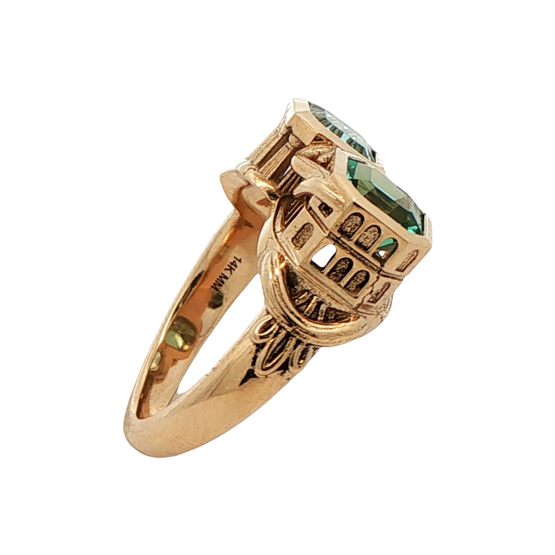 Marthaler Made 14K Yellow Gold Colosseum and Parthenon Inspired Ring with 1 Asscher Cut Roman Glass, 1.24 ct and 1 Asscher Cut Roman Glass, 1.15 ct