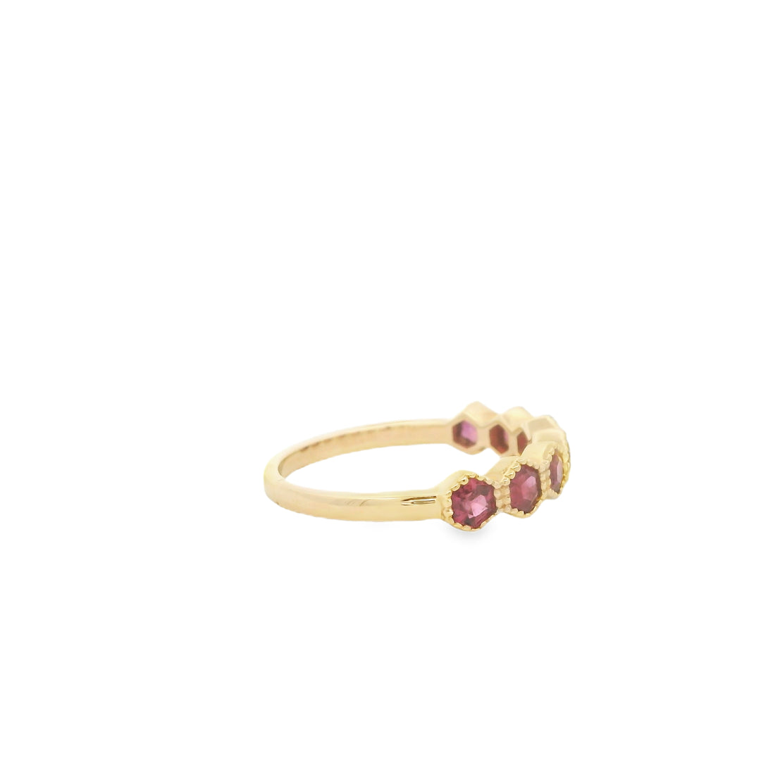 14K Yellow Gold Bezel Gemstone Ring set with 7 Hexagon Rubies, 1.01 ctw