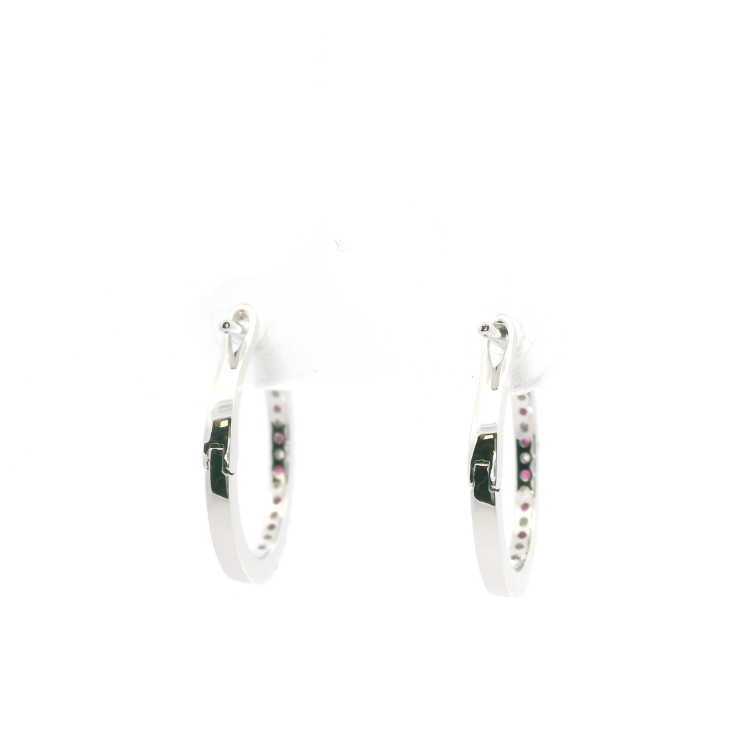14K White Gold Hoop Earrings set with 14 Round Rubies, 0.15 ctw and 14 Round Diamonds, 0.11 ctw