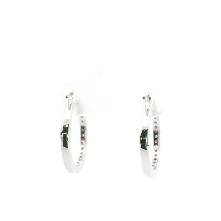 14K White Gold Hoop Earrings set with 14 Round Rubies, 0.15 ctw and 14 Round Diamonds, 0.11 ctw