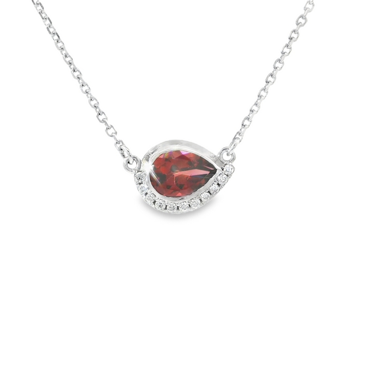 Marthaler Made14K White Gold Half Halo Gemstone Pendant with 1 Pear Garnet, 0.80 ct and 11 Round Diamonds, 0.06 ctw on a 18 inch 14K White Cable chain