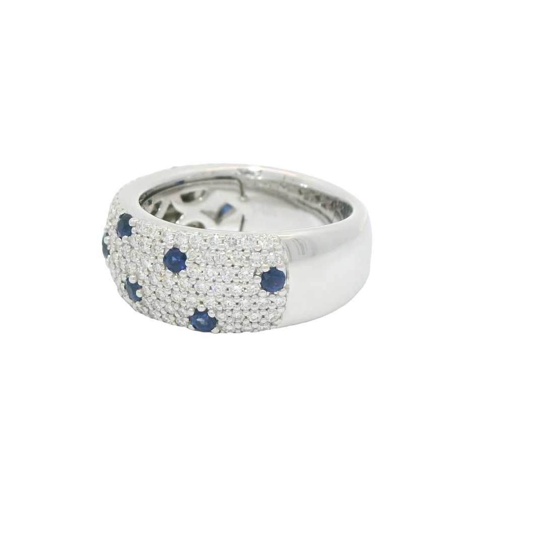 14K White Gold Gemstone Ring set with 11 Round Blue Sapphires, 0.51 ctw and 162 Round Diamonds, 0.98 ctw
