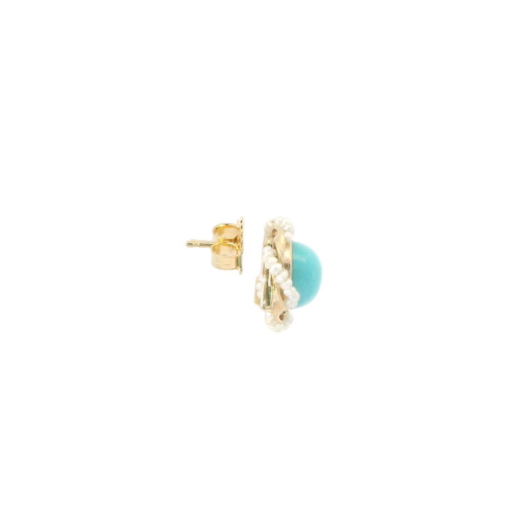 Estate 14K Yellow Gold Stud Earrings set with 2 Round Cabochon Turquoise, 8mm and 58 Pearls