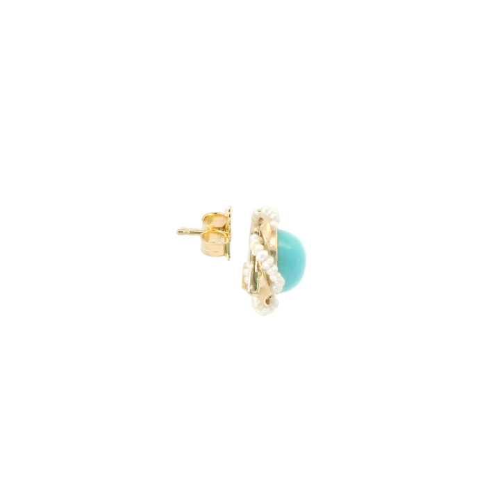Estate 14K Yellow Gold Stud Earrings set with 2 Round Cabochon Turquoise, 8mm and 58 Pearls
