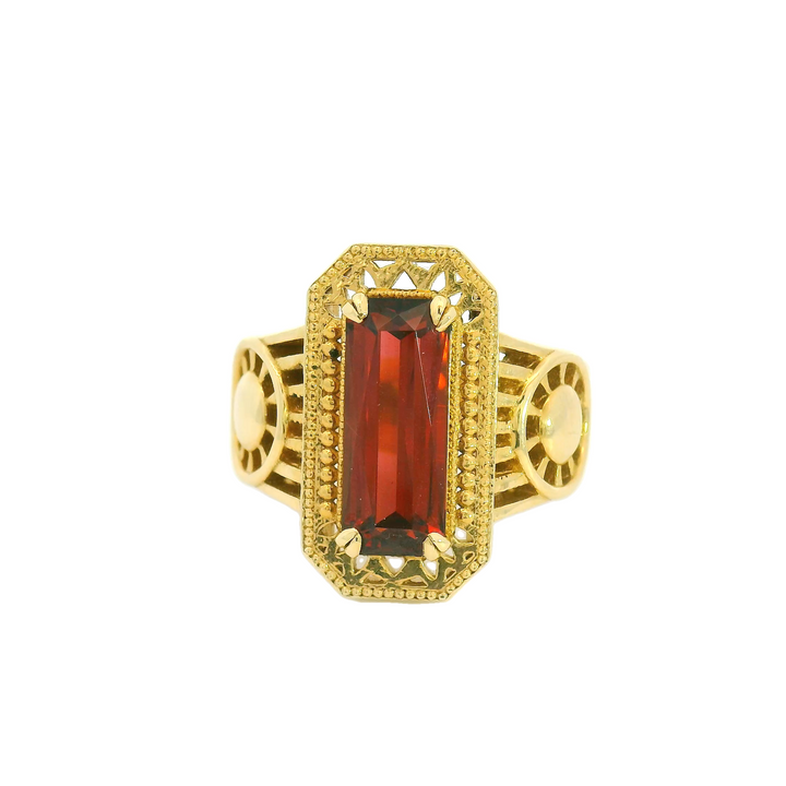 Marthaler Made 14K Yellow Gold Solitaire Gemstone Ring set with 1 Garnet total stone weight measures 3.3 ctw.