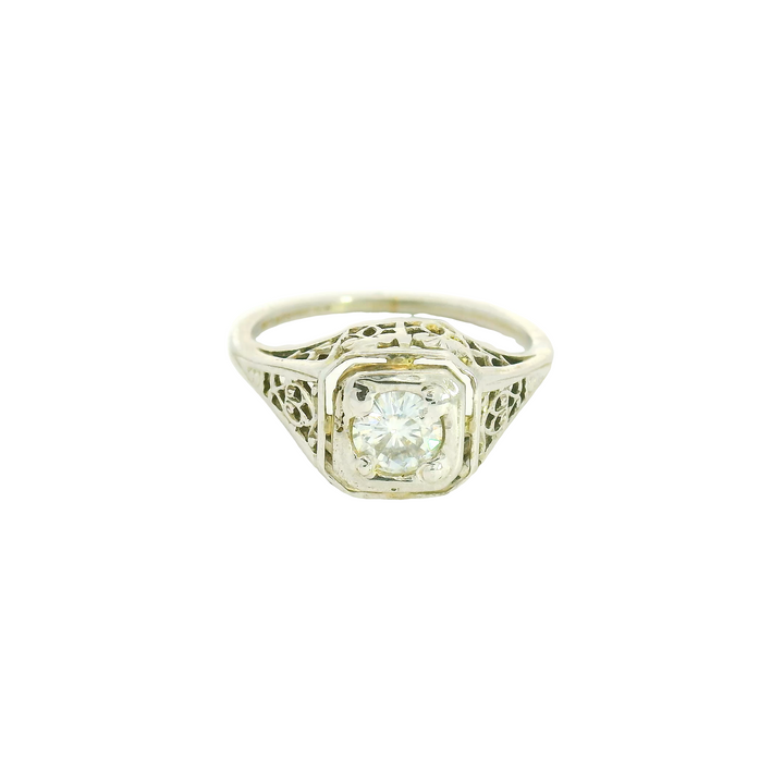 18KG White Gold Estate Vintage Inspired Engagement Ring Total diamond weight for ring measures 0.5 ctw.